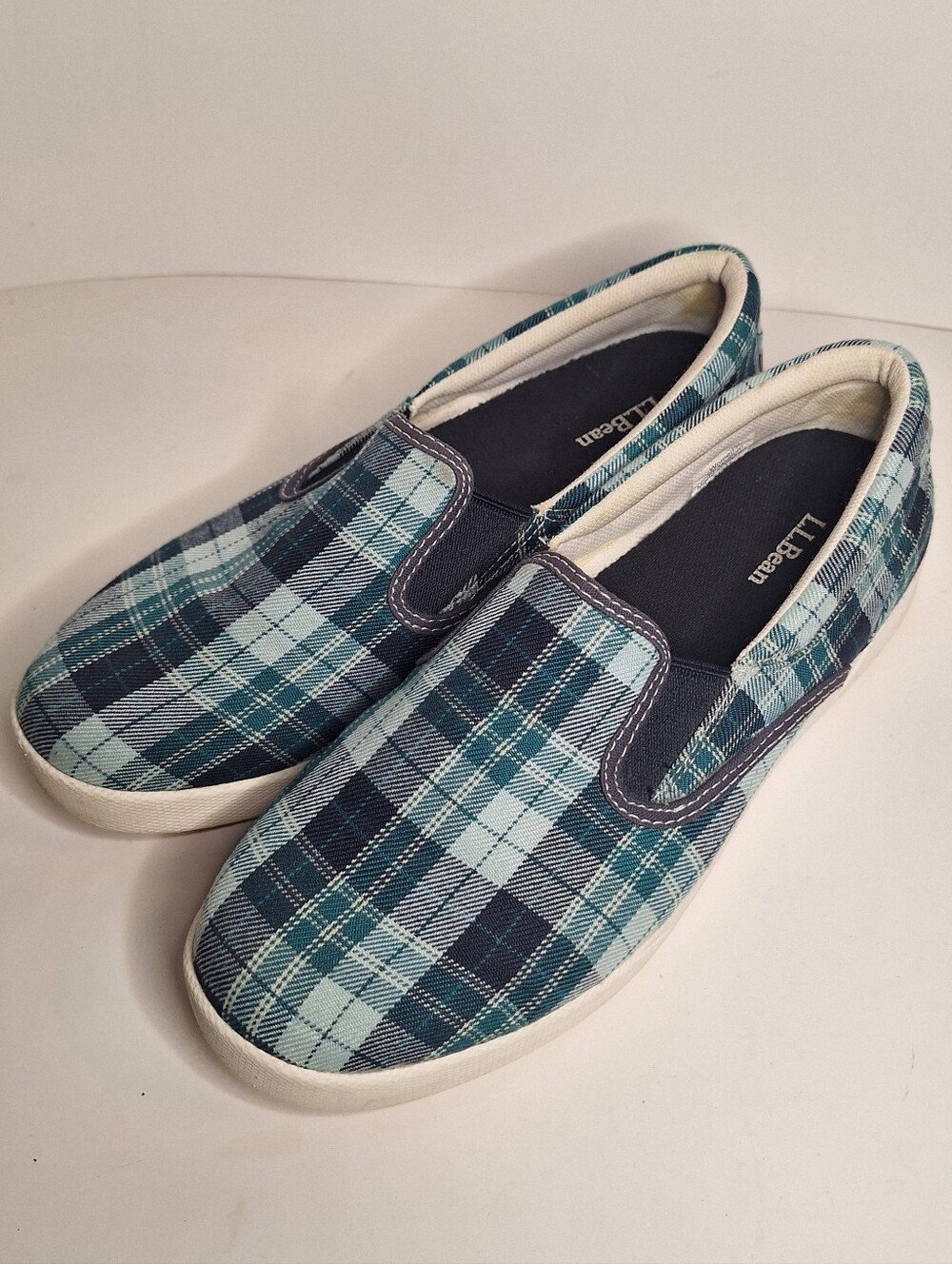 L.L. Bean Slip On Plaid Loafers Women's Size 7.5 M Blue Teal Check Plaid Shoes
